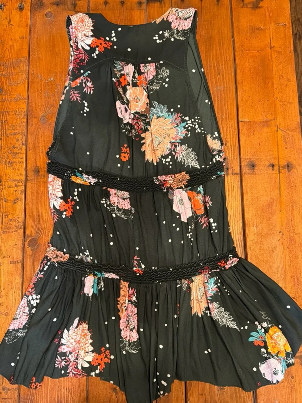 Free People Black Floral Top with Red and White Accents/sleeveless